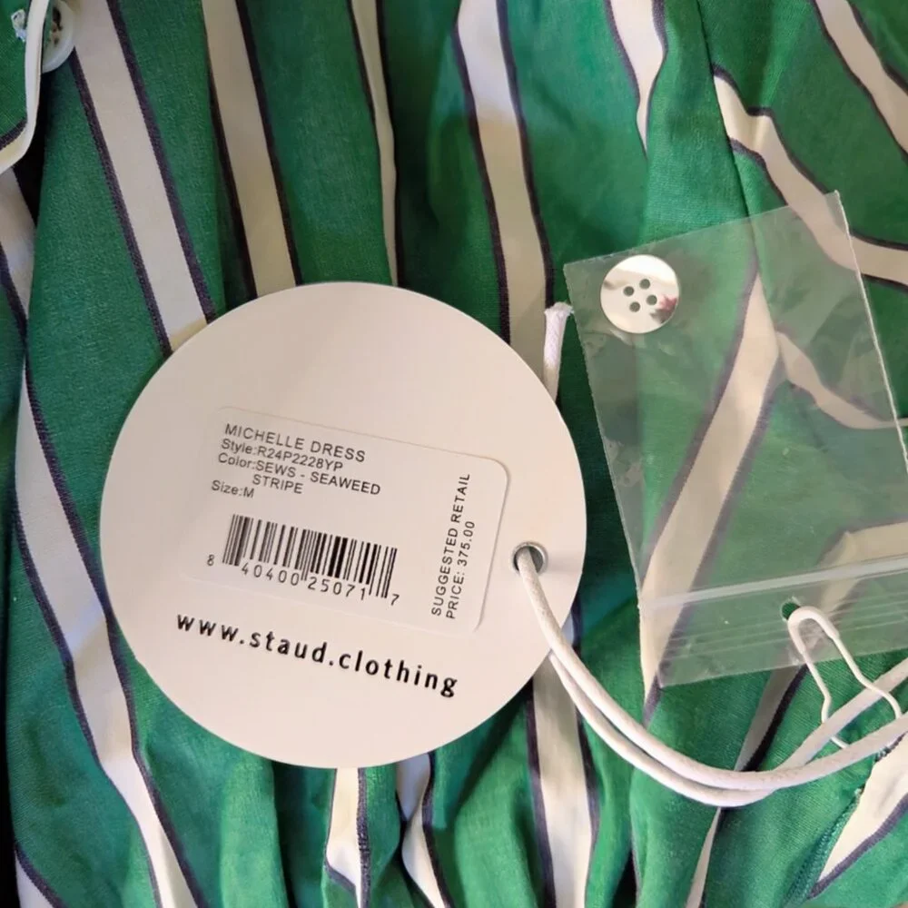 STAUD Michelle Striped Shirt Mini Dress Seaweed Green Size M NWT Chic Versatile - Picture 3 of 16
